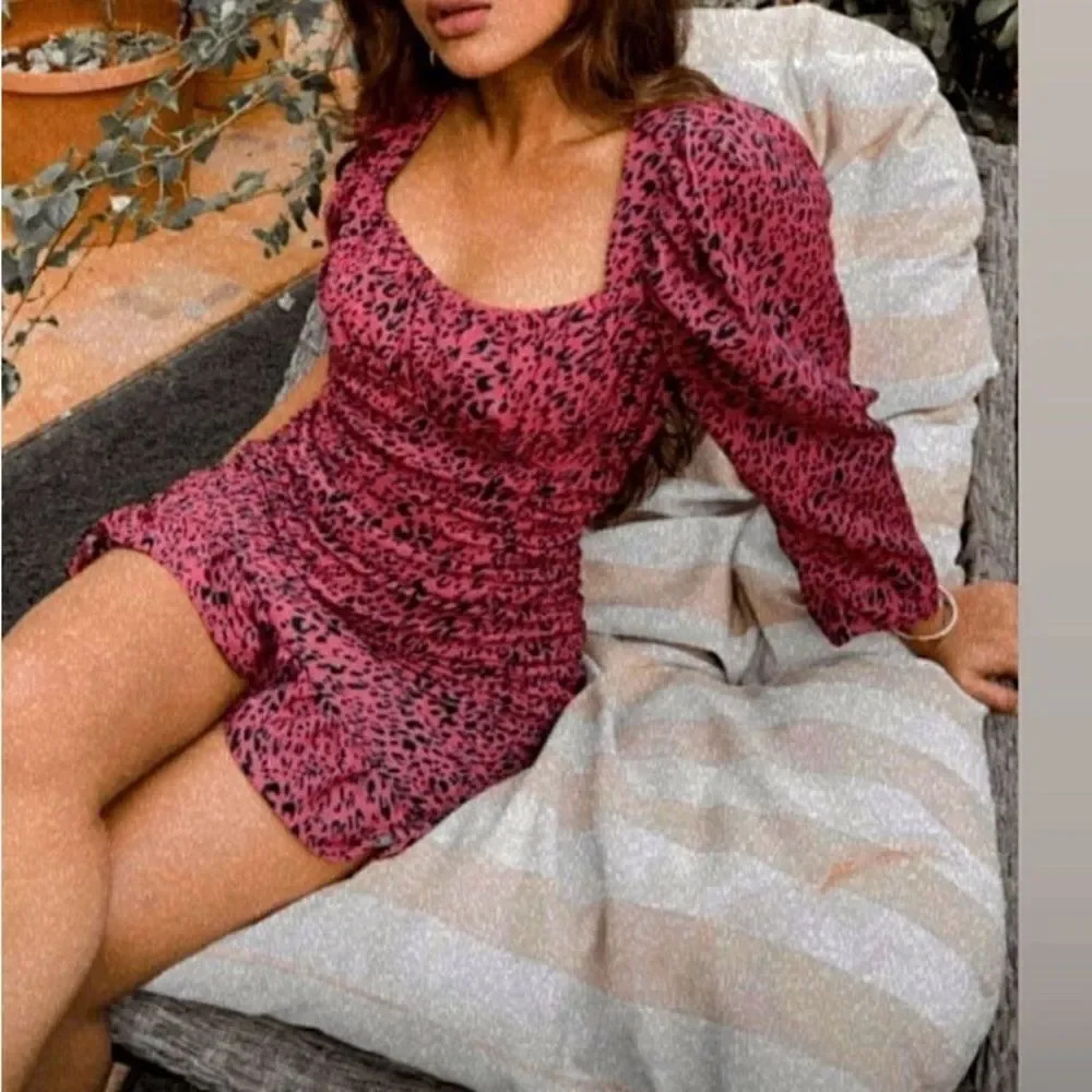 Zara red leopard print draped dress puff sleeves